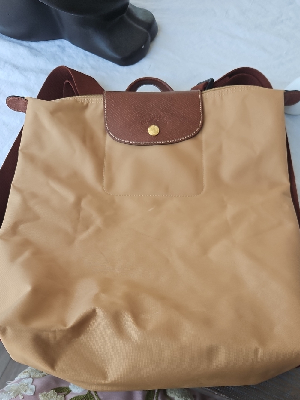 Longchamp nylon backpack in camel with brown trim